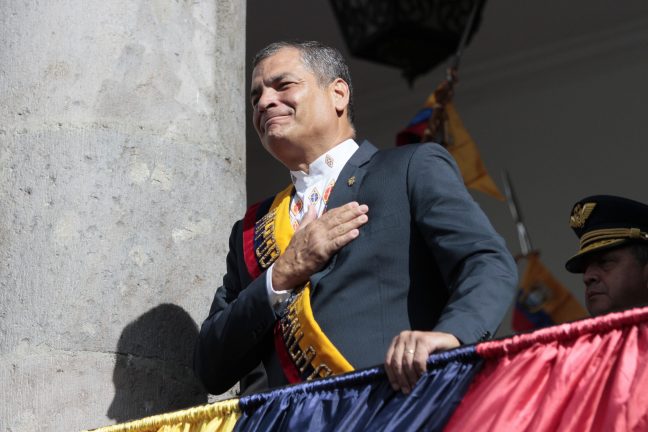 President Rafael Correa says goodbye from the balcony of the Carondelet Palace in Quito, Wednesday, May 24, 2017. After 10 years of rule Rafael Correa ends his term, Lenin Moreno is the new president of Ecuador. (Photo Franklin Jácome/ACG/NurPhoto via Getty Images)