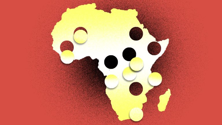 An illustration of the outline of Africa with coins cut out of it.