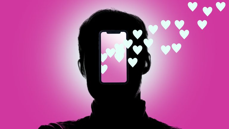 An illustration showing a silhouette of a face with a mobile device and hearts coming out of it.