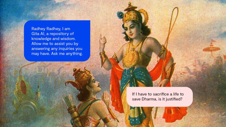 A painting of Hindu deity Krishna telling Gita to Arjuna, overlayed with speech bubbles from a chatbot.