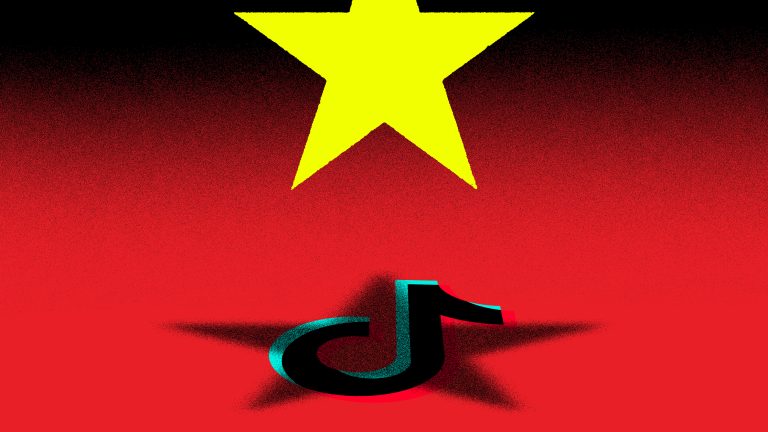 An illustration showing a yellow start casting a shadow over the TikTok logo on a red background.