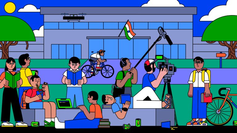 An illustration of an India college campus showing people eating noodles, riding bikes, filming a television series, and studying.