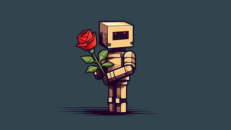 An illustration showing a small robot with red eyes holding a rose. against a dark background.