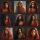 A photo collage showing a grid of 9 square images of headshots of women wearing red sarees against dark backgrounds.