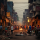 An AI generated photo portrait of street scene showing a riot scene, with lots of men milling around and fire and smoke in the street.
