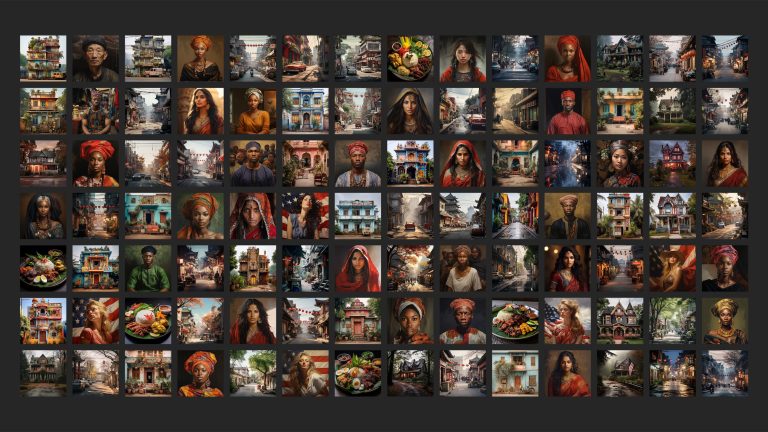 Un collage de fotos que muestra una cuadrícula de imágenes cuadradas con retratos de personas, exteriores de edificios, calles de la ciudad y platos de comida.