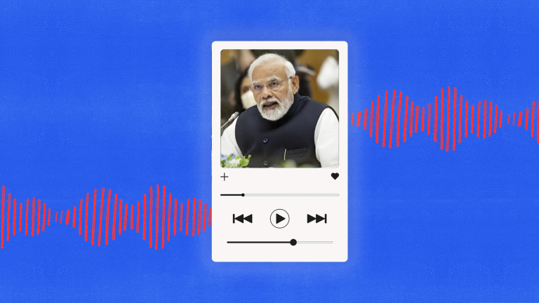 A collage of Narendra Modi in a music playlist wireframe with red soundwaves around it against a blue background.