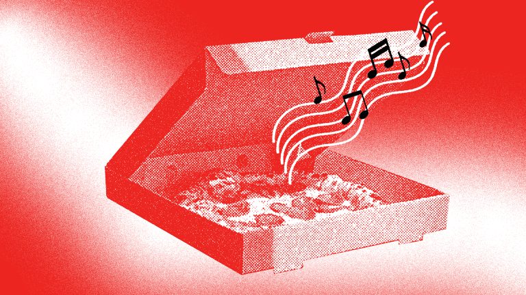 An illustration in red and white, of an open pizza box with musical notes coming out of it.