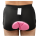 A person with hairy legs wears what look like a pair of short black shorts with squishy pink material in the crotch region.