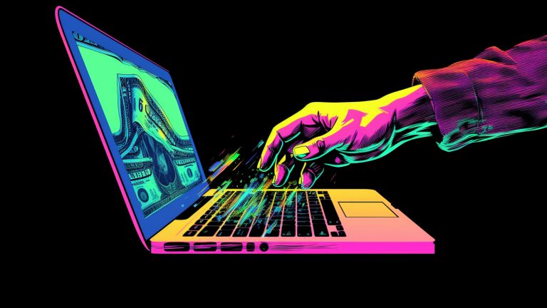 An illustration showing a colorful hand outstretched over a computer with dollar bills shown on the screen.