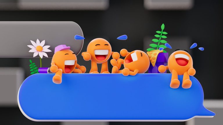 An illustration showing emoji characters sitting on a blue text bubble laughing hysterically.