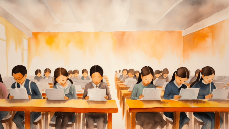 An illustration showing a classroom of school children studying on tablets, in a watercolor painting-style.