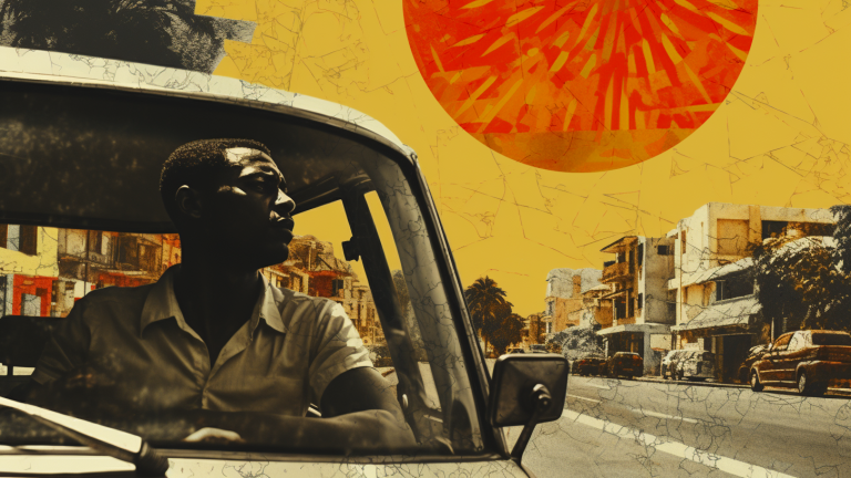 A collage illustration of a car driver looking out his window to an enlarged sun and a streetscape.
