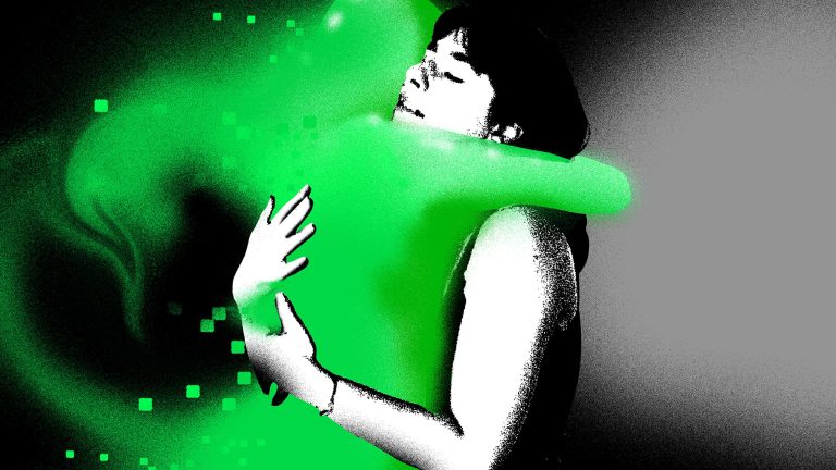 An illustration showing a person hugging a green ghost-like figure.
