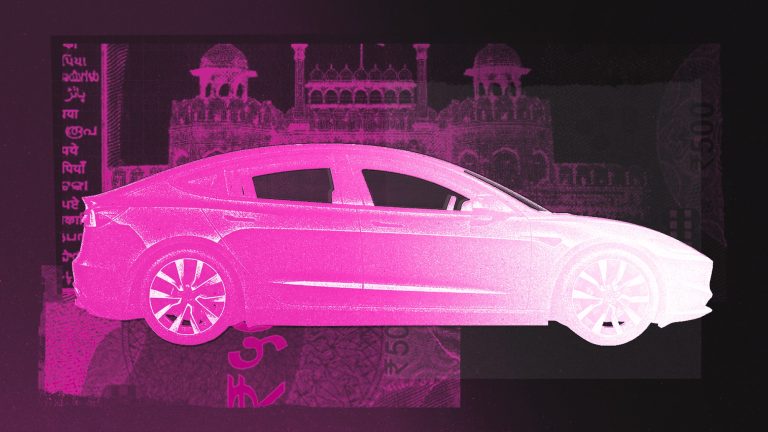 A collage illustration showing a Tesla car imposed over an Indian bank note.