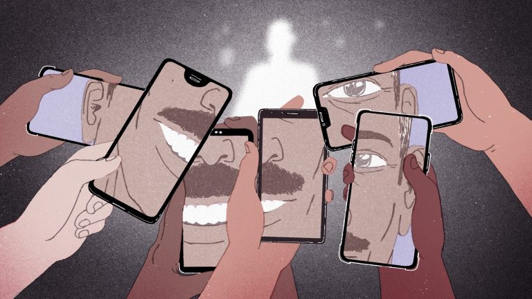 An illustration show hands holding mobile phones, that combined show the smiling face of a mustached figure.