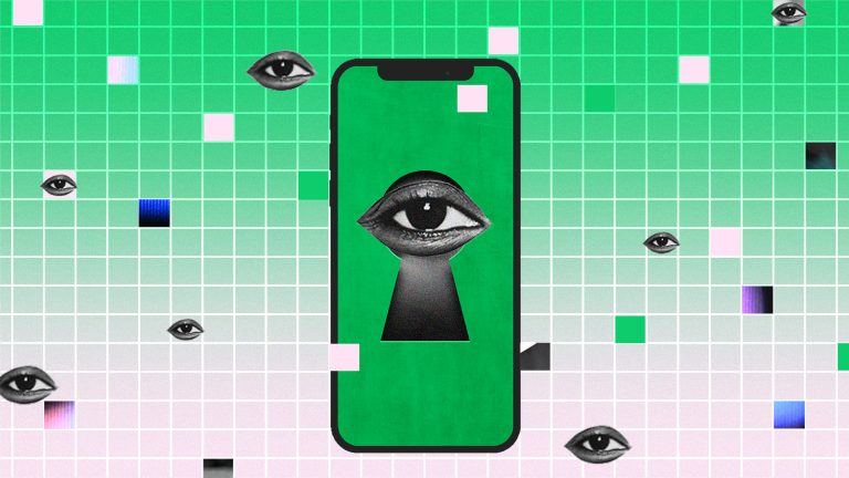 A phone wireframe showing an eye through a keyhole. The background of the image is a pattern of small green and pink squares and eye cutouts.